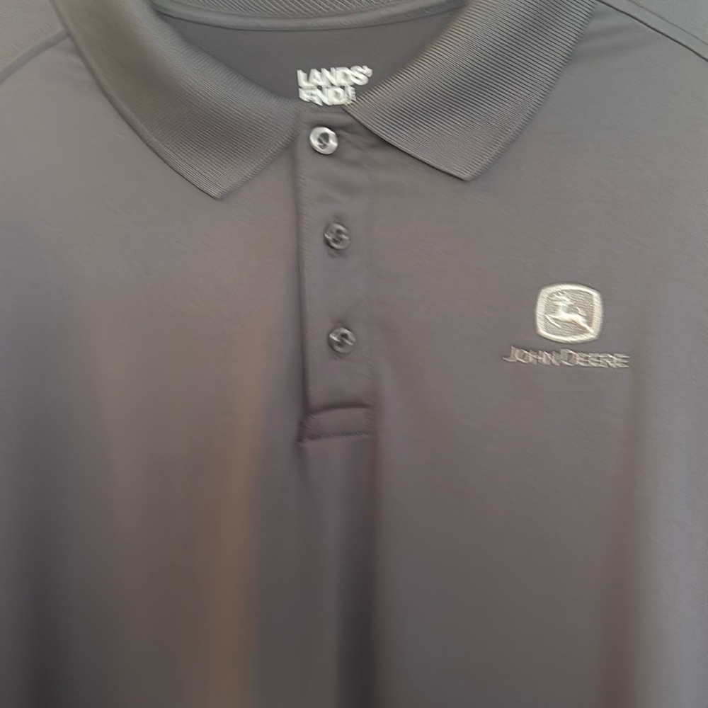 LOT OF 2! Lands End John Deere Gray Polo Shirts with Stylish JD Logo.